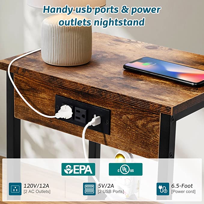 Photo 2 of ORGXpert End Table with Charging Station & USB Ports,2 Tier Slim Nightstand with Storage Shelf,Narrow SideTable for Living Room, Bedroom, Entryway, Farmhouse, Sofa Side Table Rustic Brown. COMES WITH EXTRA PLUG/USB BOX 