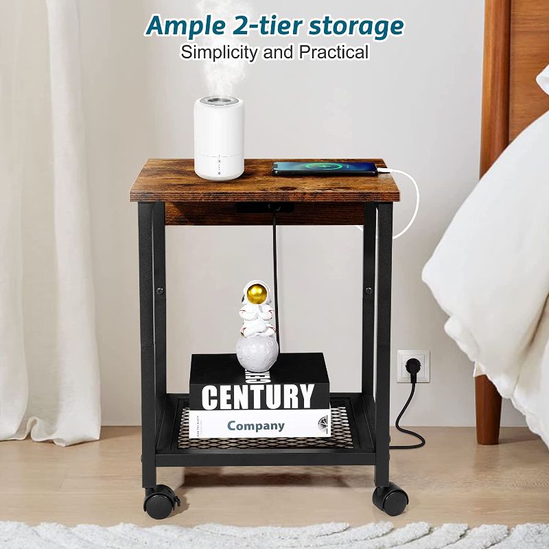 Photo 1 of ORGXpert End Table with Charging Station & USB Ports,2 Tier Slim Nightstand with Storage Shelf,Narrow SideTable for Living Room, Bedroom, Entryway, Farmhouse, Sofa Side Table Rustic Brown. COMES WITH EXTRA PLUG/USB BOX 