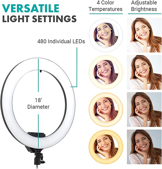 Photo 5 of 18" Ring Light with Adjustable Temperature and Brightness Settings - LED Ring Light with Tripod Stand for iPhone, Smartphone - Light Ring with Stand Perfect for Vloggers, Youtubers, Video Calls comes with tripod 