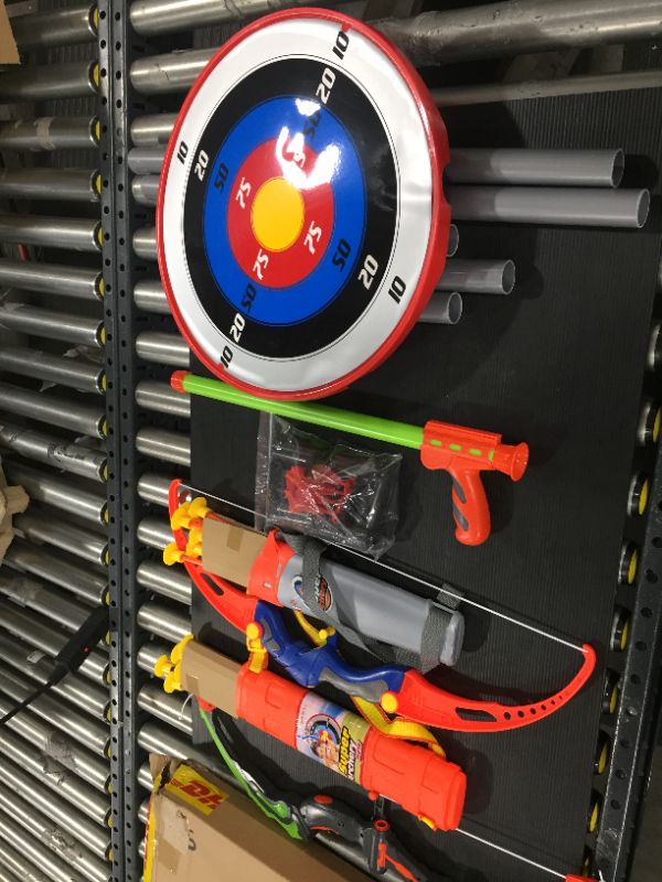 Photo 4 of Bow and Arrow for Kids, Archery Toy Set, 2 Bows & 1 Blowing Bow & 12 Arrows & 5 Quivers & Standing Target, Outdoor Toys for Children Boys Girls