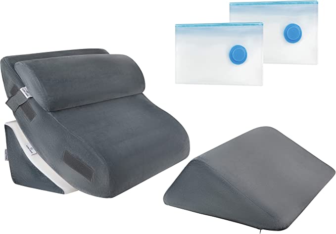 Photo 1 of 4 Pcs Orthopedic Bed Wedge Pillow Set – Post Surgery, Relaxing, Back & Adjustable Head Support Cushion – Triangle Memory Foam Pillow for Acid Reflux, Sleeping, Reading, Leg Elevation, Snoring (Grey)
