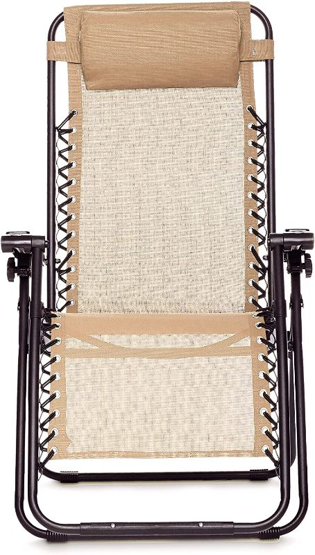 Photo 1 of Amazon Basics Outdoor Textilene Adjustable Zero Gravity Folding Reclining Lounge Chair with Pillow, Beige
