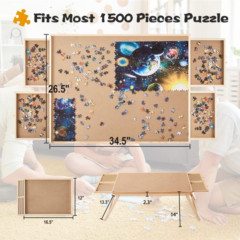 Photo 2 of 1500 Piece Puzzle Board, 34" x 26" Wooden Jigsaw Puzzle Table with Folding Legs and 4 Drawers, 1 Protective Cover, 10 Glue Sheet & 4 Hangers, Puzzle Tables for Adults, Portable Folding Puzzle Tray
