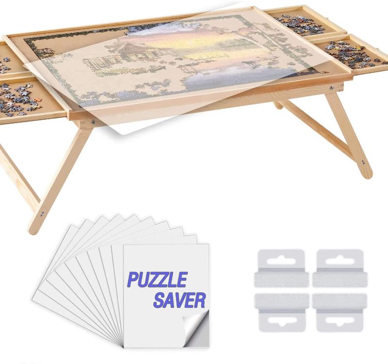 Photo 1 of 1500 Piece Puzzle Board, 34" x 26" Wooden Jigsaw Puzzle Table with Folding Legs and 4 Drawers, 1 Protective Cover, 10 Glue Sheet & 4 Hangers, Puzzle Tables for Adults, Portable Folding Puzzle Tray

