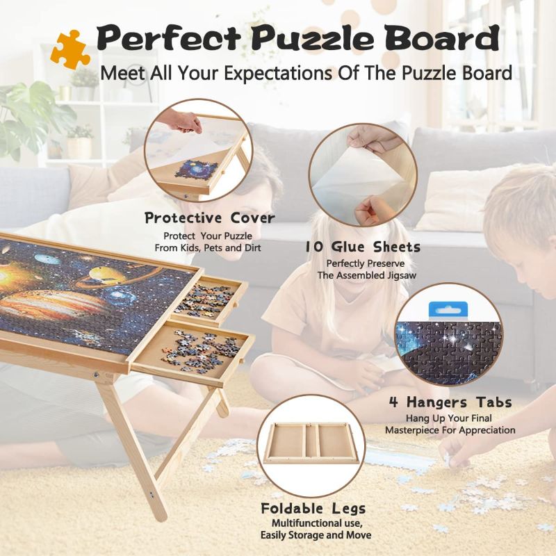 Photo 3 of 1500 Piece Puzzle Board, 34" x 26" Wooden Jigsaw Puzzle Table with Folding Legs and 4 Drawers, 1 Protective Cover, 10 Glue Sheet & 4 Hangers, Puzzle Tables for Adults, Portable Folding Puzzle Tray
