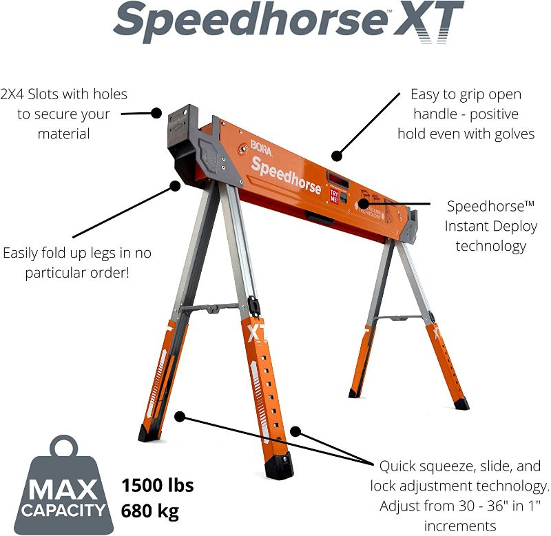 Photo 2 of Bora Portamate Speedhorse XT Adjustable Height Sawhorse Pair- Two pack, 30-36 inch height adjustable Legs, Metal Top for 2x4, Heavy Duty Pro Bench Saw Horse...
