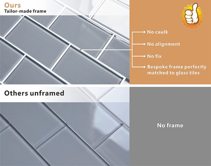 Photo 2 of [39 pcs] Peel and Stick Glass Tile for Kitchen Backsplash , 3” x 6” Grey Subway Tile Backsplash