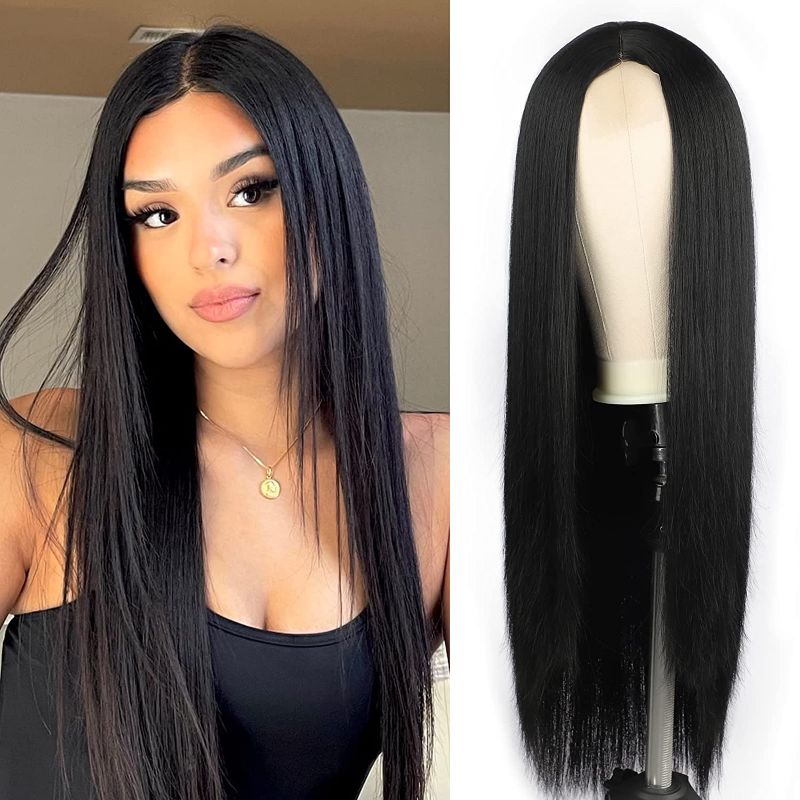 Photo 1 of Long Black Wigs for Women Middle Part [Black]