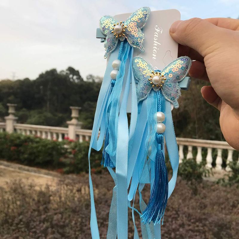 Photo 1 of Hand-made Grosgrain Ribbon Alligator Clips Hair Accessories for Kids Teens Women Pets [Blue Butterflies]