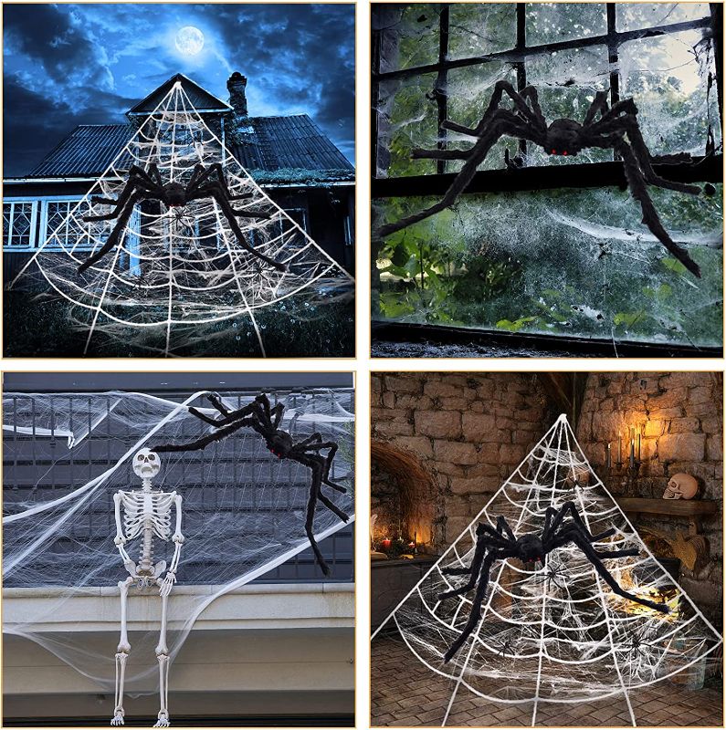 Photo 3 of 200" Spider Web Halloween Decorations Outdoor Indoor + 59" Huge Big Large Giant Spider + Fake Spider Stretch Cobweb