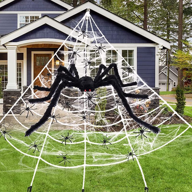 Photo 1 of 200" Spider Web Halloween Decorations Outdoor Indoor + 59" Huge Big Large Giant Spider + Fake Spider Stretch Cobweb