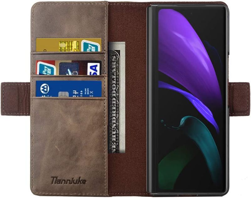 Photo 2 of TIANNIUKE Genuine Leather Magnetic Card Slot with PC Cover Compatible with Samsung Galaxy Z Fold 2 5G (2020) (Coffee1)