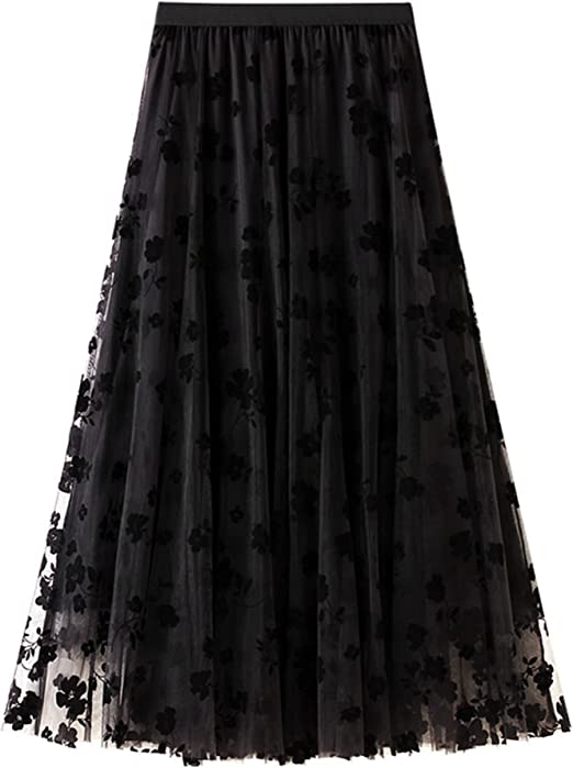 Photo 1 of [One Size] Dirholl Women's A-Line Fairy Elastic Waist Tulle Midi Skirt