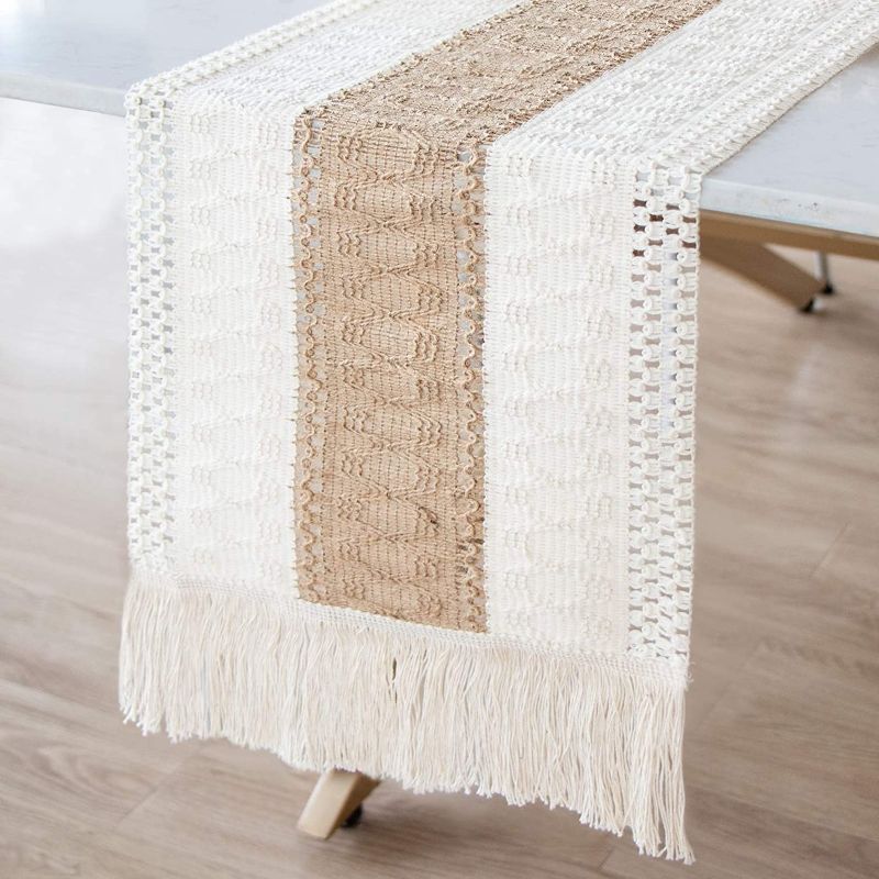 Photo 1 of  Macrame Table Runner Farmhouse Style, Natural Burlap Table Runner [12 x 108 Inch]