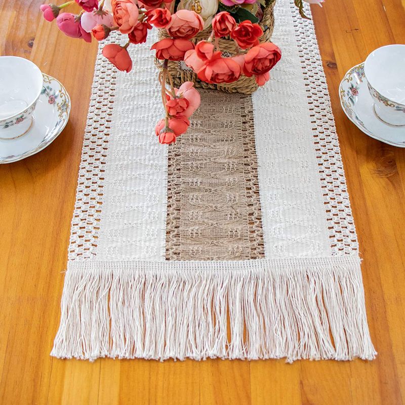 Photo 2 of  Macrame Table Runner Farmhouse Style, Natural Burlap Table Runner [12 x 108 Inch]