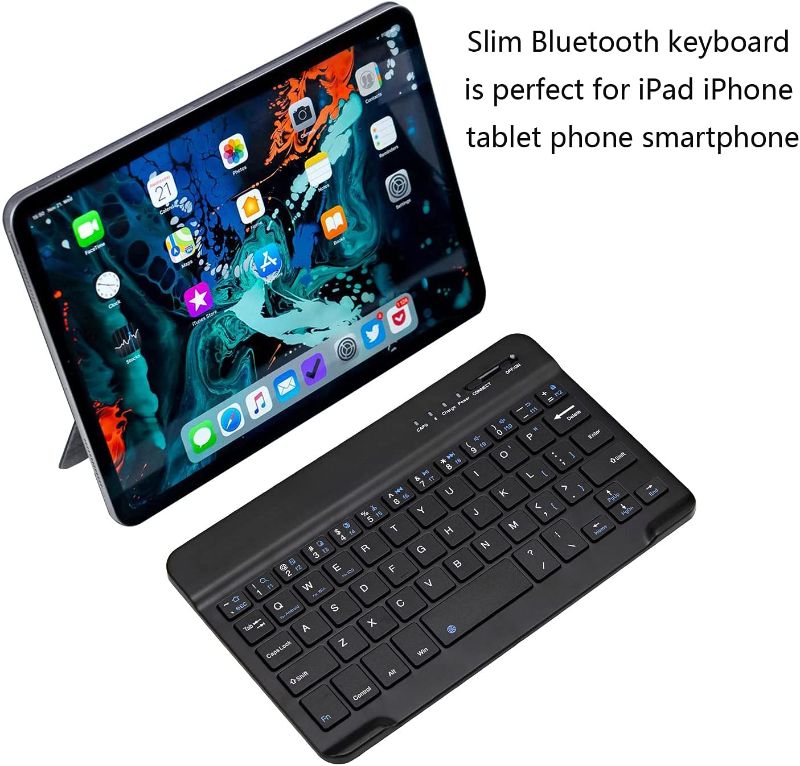 Photo 2 of Ultra-Slim Bluetooth Keyboard Portable Rechargeable for Apple iPad iPhone Samsung Tablet Phone Smartphone iOS Android Windows (7 inch Black)