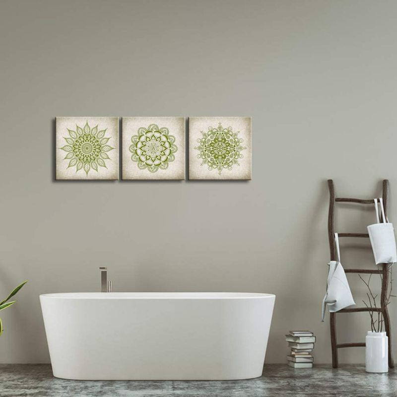 Photo 2 of [3 Pcs Set] KLVOS Mandala Wall Art for Living Room Lemon Green Boho Flowers
