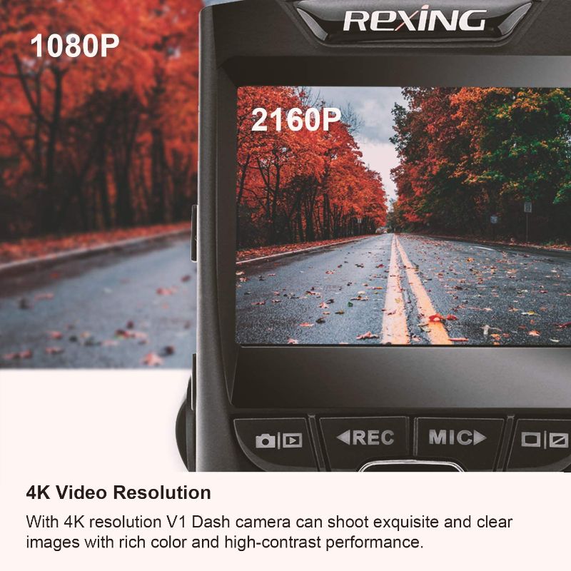 Photo 2 of REXING V1 - 4K Ultra HD Car Dash Cam 2.4" LCD Screen, Wi-Fi, 170° Wide Angle Dashboard Camera Recorder with G-Sensor, WDR, Loop Recording, Supercapacitor, Mobile App, 256GB Supported [1 Camera Included]