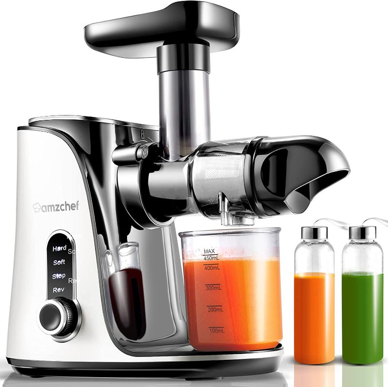 Photo 1 of AMZCHEF Slow Masticating Juicer Extractor, Cold Press Juicer with Two Speed Modes, 2 Travel bottles(500ML),LED display, Easy to Clean Brush & Quiet Motor [White]