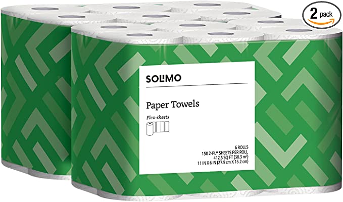 Photo 1 of Amazon Brand - Solimo Basic Flex-Sheets Paper Towels, 12 Value Rolls, White, 150 Sheets per Roll (New Version)