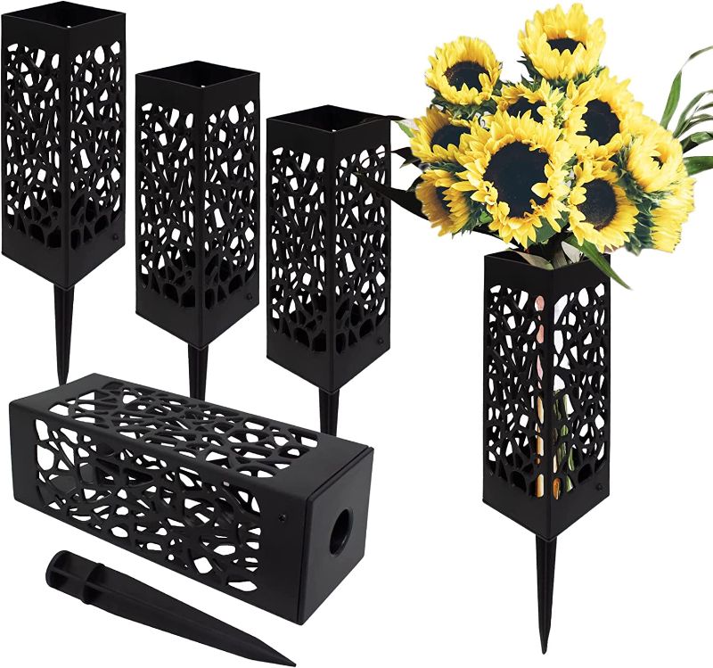 Photo 1 of 4 Pack Grave Decorations Memorial Cemetery Floral Holder Vases,Black Plastic Vase Cones with Long Spike Stake Drainage Holes for Gravestone Grave Garden Yard Ground Outdoor Flower Markern
