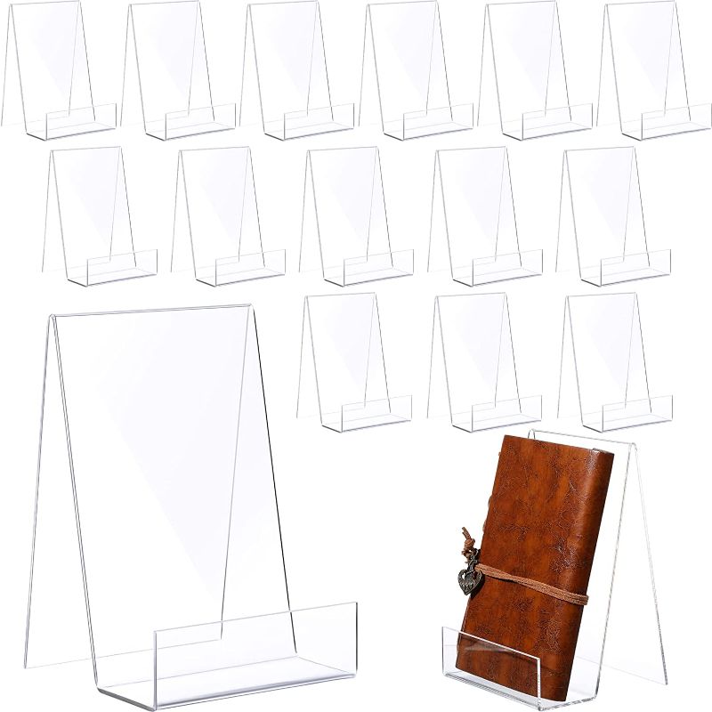 Photo 1 of Yulejo 15 Pieces Acrylic Book Stand with Ledge Acrylic Clear Display Easel Holder Transparent Shelf for Displaying Pictures Books Music Sheets Notebooks Artworks (4 x 4.5 x 5.7 Inch)
