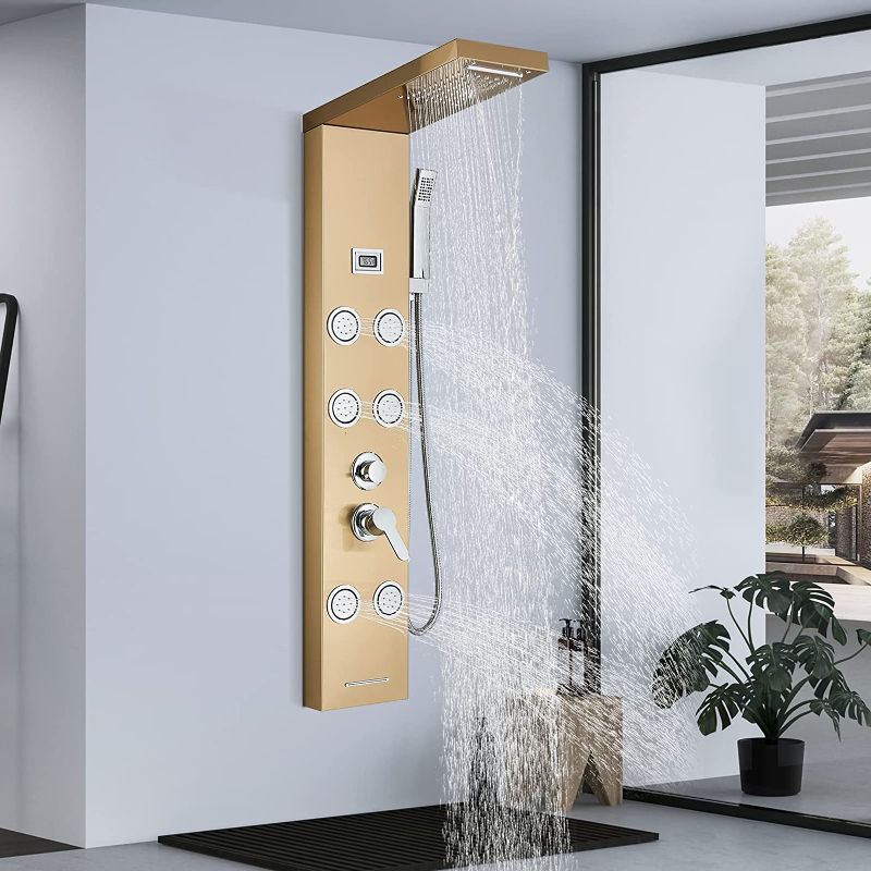 Photo 1 of AlenArt Shower Panel Tower System Stainless Steel Rainfall Waterfall Rain Massage System with 6 Body Jets + Handheld Shower + Tub Spout,Brushed Gold