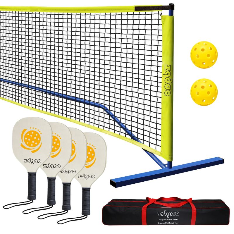 Photo 1 of Pickleball Set with 4 Paddles and Net - Official Size Net, 4-Pickleball Paddles, and 2 Outdoor Pickleball Balls, Outdoor Fun for Kids, Teens and Adults
