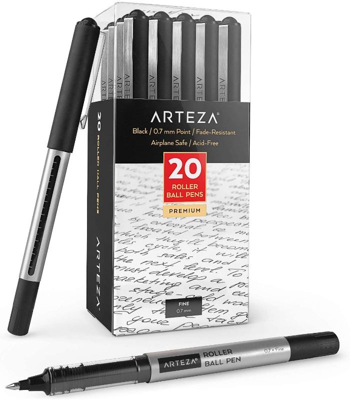 Photo 1 of Arteza Rollerball Pens, Pack of 20, 0.7mm Black Liquid Ink Pens, Office Supplies for Bullet Journaling, Fine Point Rollerball for Writing, Taking Note
