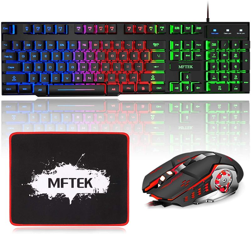 Photo 1 of MFTEK Gaming Keyboard and Mouse Combo with Large Mouse Pad, RGB Rainbow Backlit Gaming Keyboard and Illuminated Gaming Mouse, USB Wired Set for Computer PC Gamer Laptop Office Work
