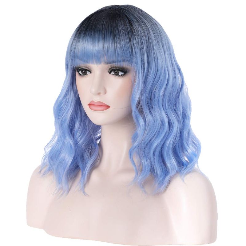 Photo 1 of BERON Wig 14 Inches Black Blue Ombre Short Curly Wig with Bangs Lake Blue Synthetic Wig for Women Girls with Wig Cap
