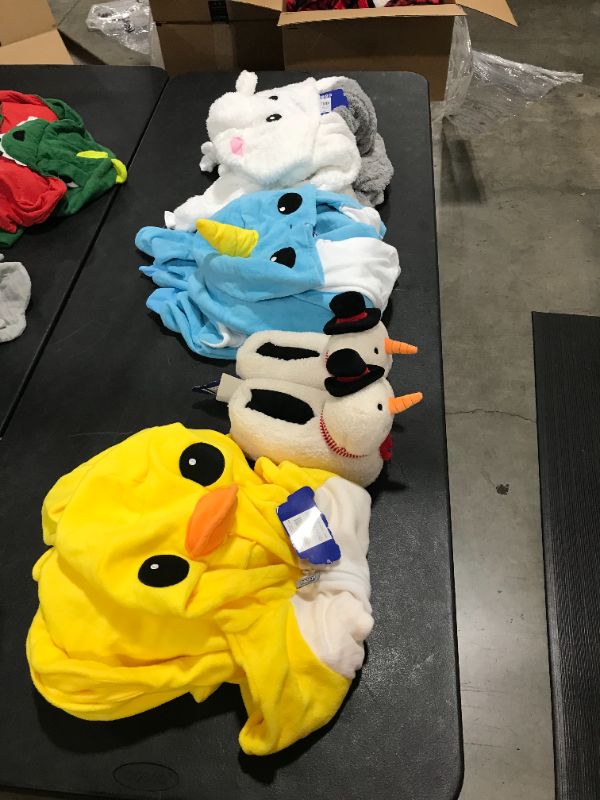 Photo 1 of FUNZIEZ! One Piece Adult Costume

Duck-M
Snowman slippers-S
Polar Bear- L
Wale-S