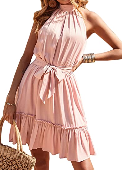 Photo 1 of BTFBM Women Floral Dresses Casual Summer Sleeveless Halter Neck Ruffle Belt Boho Polka Dot Leopard Print Sun Short Dress
"Solid Pink"

SZ-Small