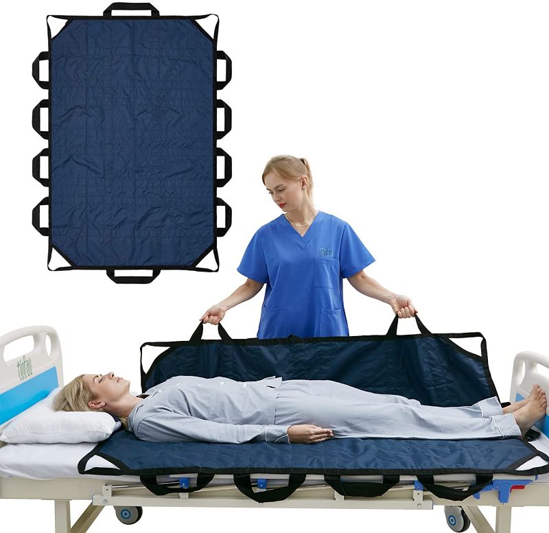 Photo 1 of Bed Positioning Pad with Reinforced Handle, 60" X 40" Multipurpose Waterproof Transfer Sheet for Turning, Lifting & Sliding, Reusable Washable Patient Positioning Sheet for Bedridden, Caregiver, Blue