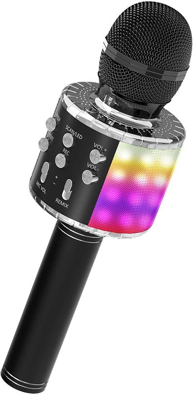 Photo 1 of OVELLIC Karaoke Microphone for Kids, Wireless Bluetooth Karaoke Microphone with LED Lights, Portable Handheld Mic Speaker Machine, Great Gifts Toys for Girls Boys Adults All Age (Black)
