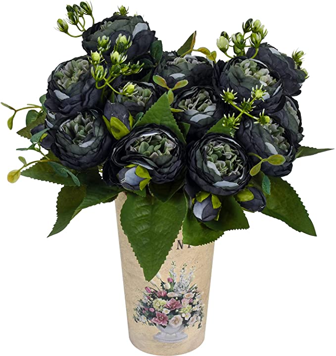 Photo 1 of 4 Packs Artificial Peony Silk Flowers Fake Glorious Flower Bouquets for Wedding Party Bridal Home Decoration, 5 Forks, 9 Head (Black) vase not included 
