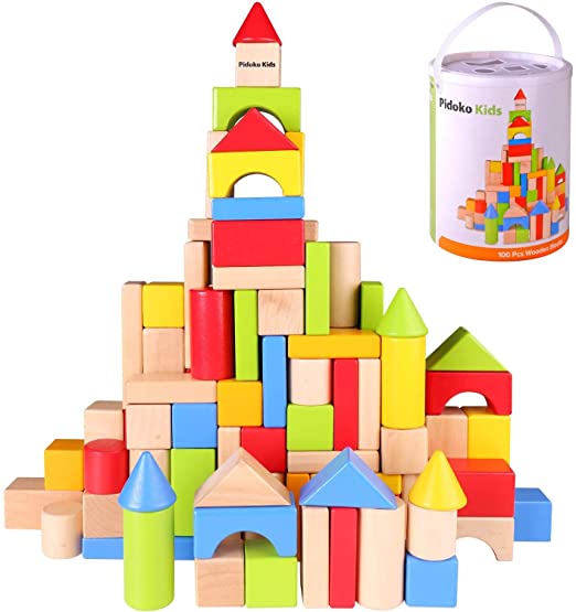 Photo 1 of Pidoko Kids Wooden Building Blocks Set - 100 Pcs - Includes Carrying Container - Hardwood Plain & Colored Wood Block for Boys & Girls (100 Pcs)
