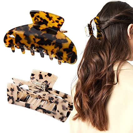 Photo 1 of 2 PACK!!! 2Pcs Hair Claw Banana Clips Tortoise Barrettes for Women Girls Thick Curly Long Hair Celluloid French Design Jaw Clamp Leopard Print Large Fashion Accessories Nonslip Christmas Birthday Gift Set
