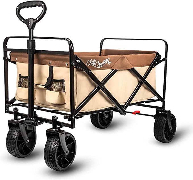 Photo 1 of Beach Wagon Cart, Collapsible Folding Wagon with Big Rubber Wheels, Adjustable Handles and Brake, Heavy Duty Utility Wagon All Terrain Outdoor Camping Garden Grocery Wagon, Neutral
