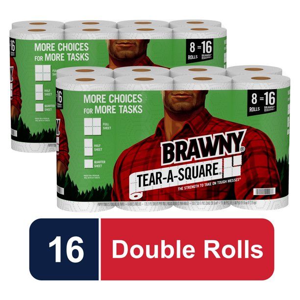 Photo 1 of Brawny Tear-A-Square Paper Towels, White, 16 Double Rolls = 32 Regular Rolls, 3 Sheet Size Options, Quarter Size Sheets - 8 Rolls (Pack of 2)
