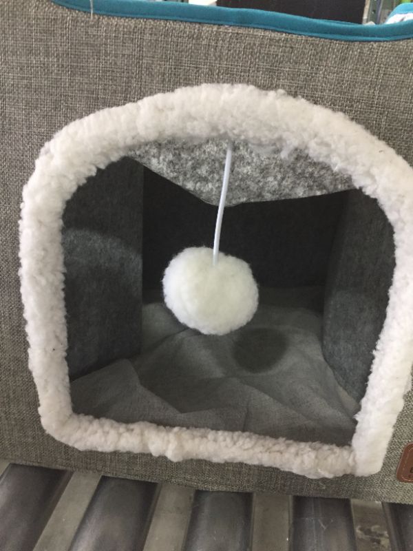 Photo 2 of Bedsure Cat Beds for Indoor Cats - Large Cat House for Pet Cat Cave with Cat Scratch Pad and Fluffy Ball Hanging, Foldable Cat Hidewawy,16.5x16.5x14 inches
