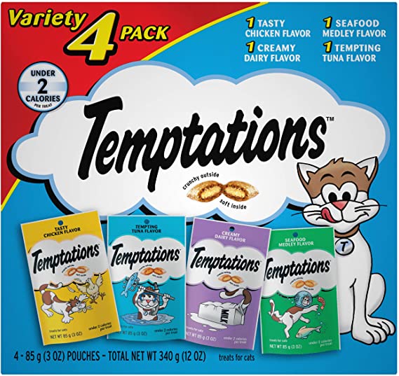 Photo 1 of  2 boxes of - TEMPTATIONS Classic Crunchy and Soft Cat Treats Feline Favorite Variety Pack, (4) 3 oz. TOTAL OF 8 PACKS
