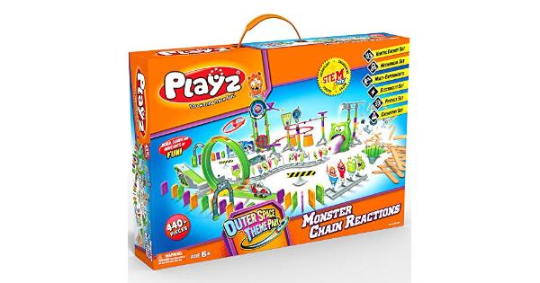 Photo 1 of Playz Monster Chain Reactions Marble Run Science Kit STEM Toy with Race Tracks for Boys &Girls, Kids Roller Coaster Toy Experiments, Outer Space Theme
