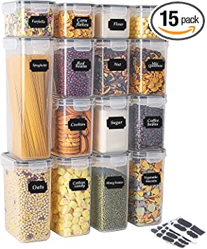 Photo 1 of 15 Piece Airtight Food Storage Container (15 Containers + 15 Lids) - Kitchen & Pantry Organization Plastic Canisters BPA-Free for Cereal, Flour, Sugar with Marker, 30 Labels FS0115
