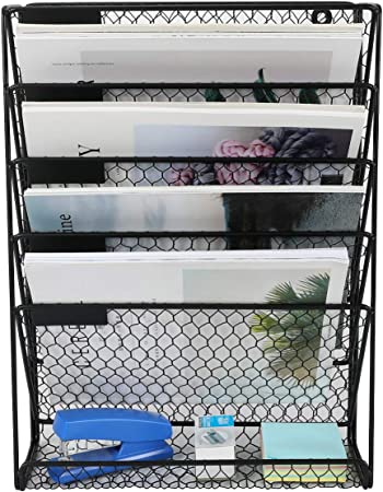 Photo 1 of PAG Hanging Wall File Holder Mail Organizer Metal Chicken Wire Wall Mounted Literature Rack, 6 Tier, Black
