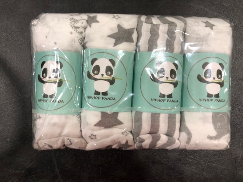 Photo 2 of Bamboo Muslin Baby Swaddle Blanket - Hypoallergenic Soft Silky Newborn Swaddle Wrap, Neutral Receiving Blanket for Boy and Girl, Set of 4- Zebra, Star, Stripe, Elephant - Grey White
