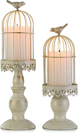 Photo 1 of Birdcage Candle Holder Decorative Bird Cages for Weddings Vintage Candlestick Holders, Wedding Candle Centerpieces for Tables, Iron Candleholder Set Home Decor, Distressed Ivory
