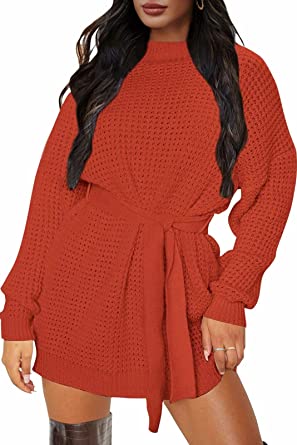 Photo 1 of WOMENS LARGE ZESICA Women's Long Sleeve Solid Color Waffle Knitted Tie Waist Tunic Pullover Sweater Dress
