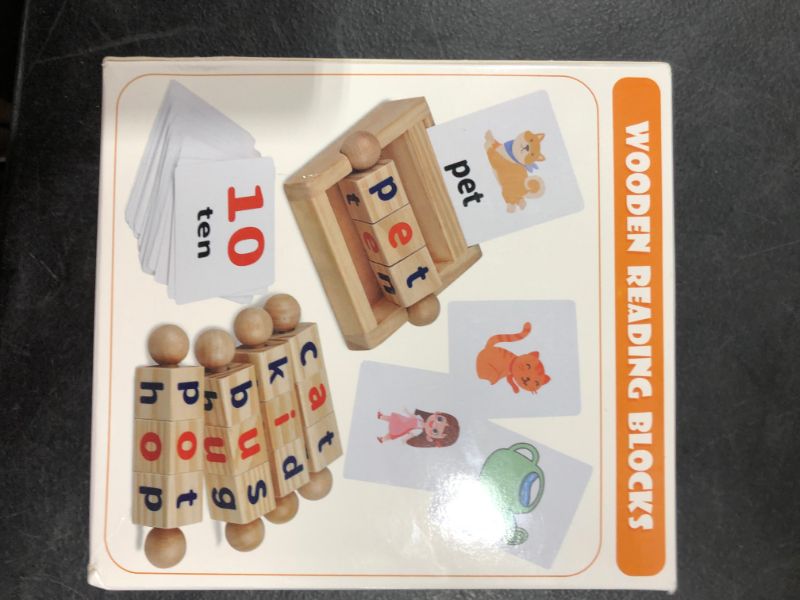 Photo 2 of Coogam Wooden Reading Blocks Short Vowel Rods Spelling Games, Flash Cards Turning Rotating Letter Puzzle for Kids, Sight Words Montessori Spinning Alphabet Learning Toy for Preschool Boys Girls
