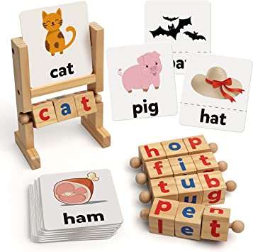 Photo 1 of Coogam Wooden Reading Blocks Short Vowel Rods Spelling Games, Flash Cards Turning Rotating Letter Puzzle for Kids, Sight Words Montessori Spinning Alphabet Learning Toy for Preschool Boys Girls
